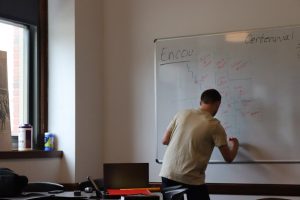Kingdom Business Kansas City, Praying for Businesses, Man drawing Kansas City map on white board.
